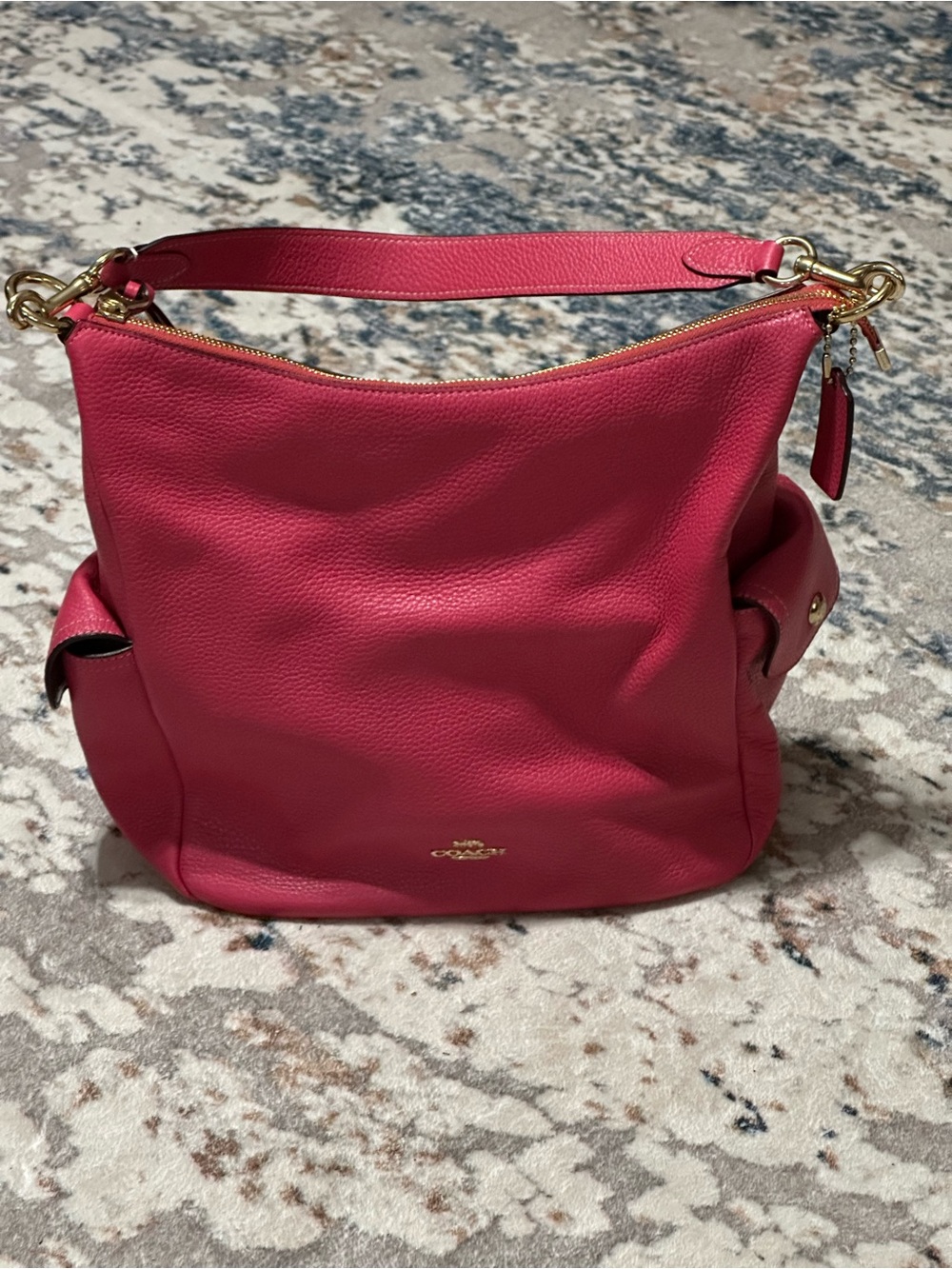 Pink Coach Pennie Pebbled Leather Shoulder Bag with Gold Hardware